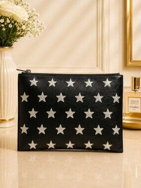 Authentic Saint Laurent Stars Clutch Black Leather Zip Pouch YSL Designer Bag